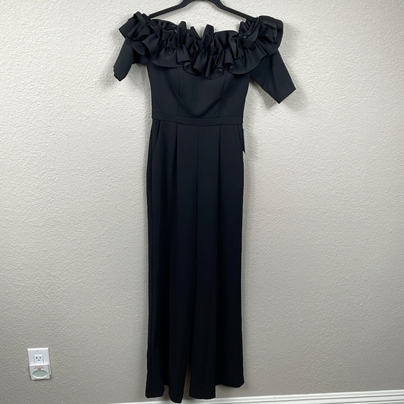 NWT Xscape Ruched Ruffle Scuba Crepe Jumpsuit Black Off The Shoulder Sz 2 - Picture 4 of 15